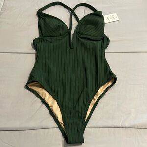 Shade & Shore Womens XS (0-2) Green Ribbed Plunge V-Wire One Piece Swimsuit NWT